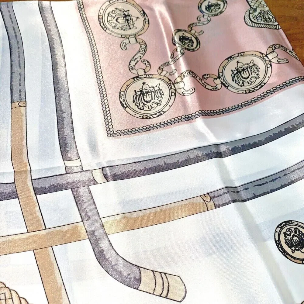 Silky feel scarf 27” square pink & gray on white designer chic motif elegant